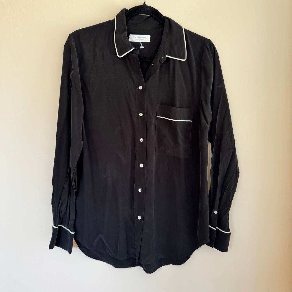 Everlane Collared Silk Top Black Button Front White Trim Long Sleeve Sz 6 Women